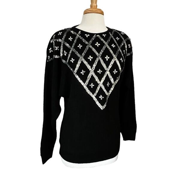 Vintage 80s 90s Samantha Starr Black Silver Sequin Silk Angora Sweater Women's L - Picture 2 of 8
